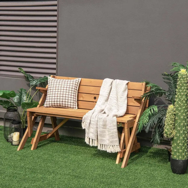 2-in-1 Transforming Interchangeable Wooden Picnic Table Bench with Umbrella Hole-Natural - Dark Brown - Picnic Tables