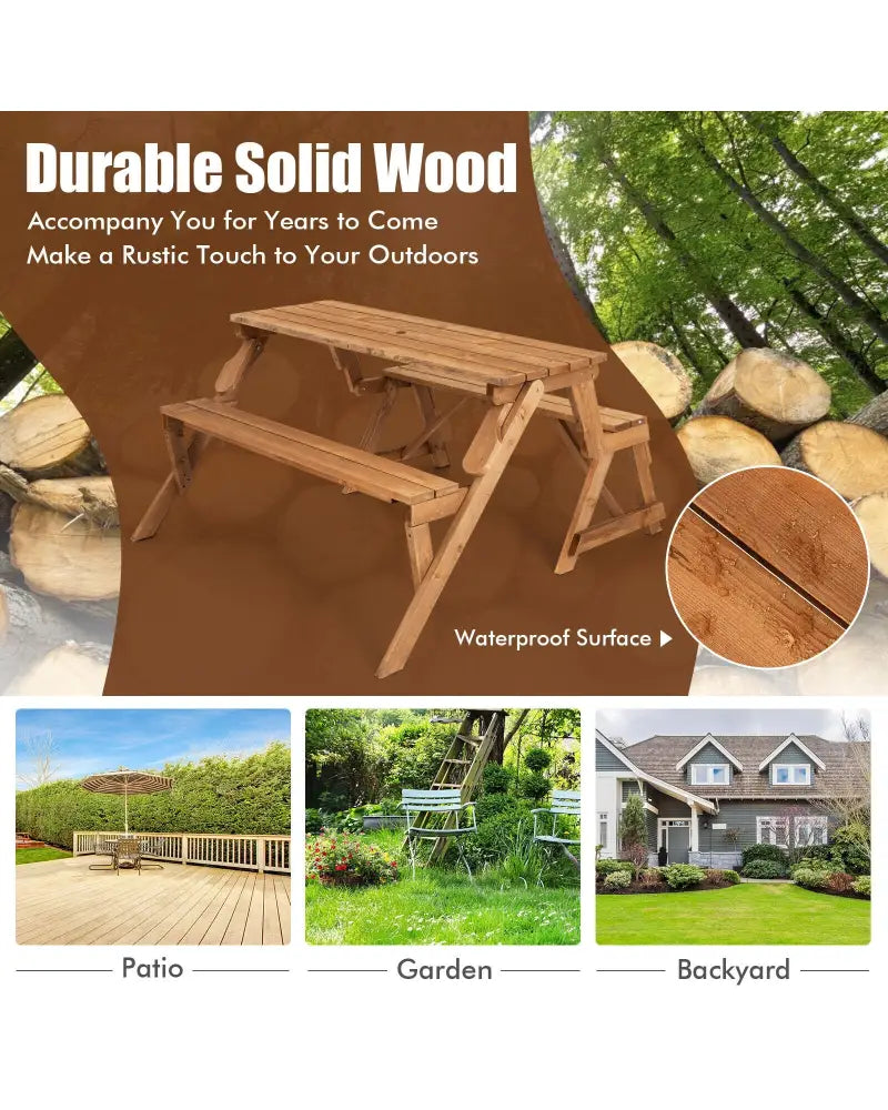 2-in-1 Transforming Interchangeable Wooden Picnic Table Bench with Umbrella Hole-Natural - Dark Brown - Picnic Tables