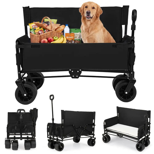2-in-1 Wagon Bench Seat Combo Collapsible Beach Cart with Handle and Cushion-Black - Black - Camping Furniture