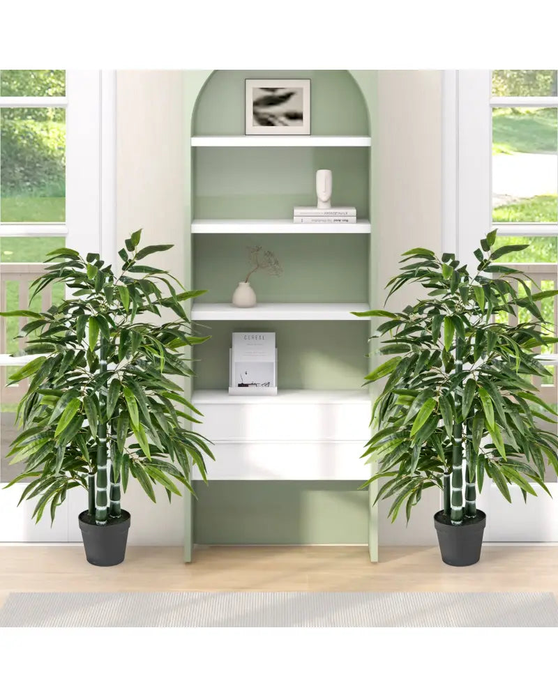 2 Pack Fake Bamboo Leave Tree with 3 PE Bamboo Trunk-Green - Green - Faux Plants