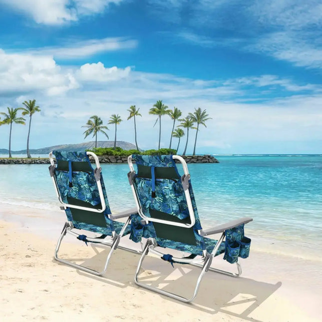 2-Pack Folding Backpack Beach Chair 5-Position Outdoor Reclining Chairs with Pillow-Navy - Navy - Beach & Lawn Chairs