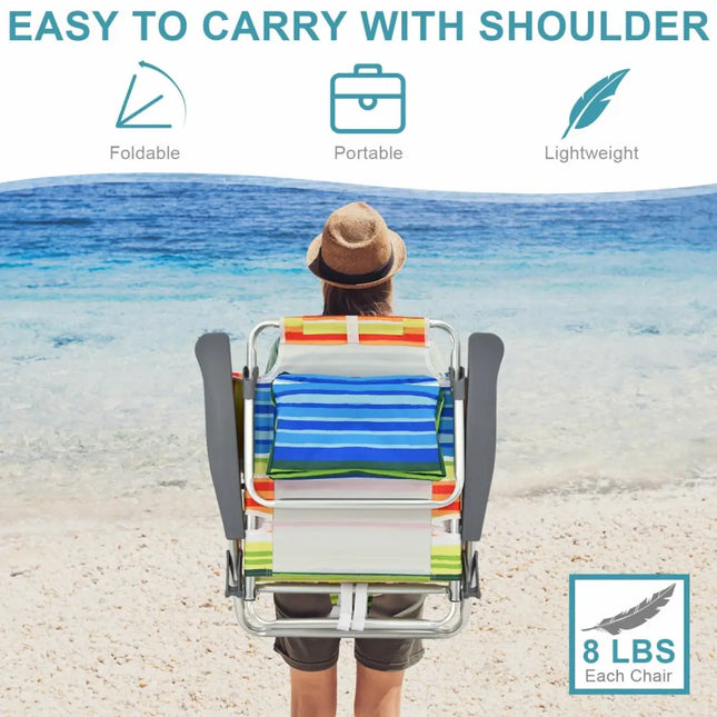 2-Pack Folding Backpack Beach Chair 5-Position Outdoor Reclining Chairs with Pillow-Yellow - Yellow - Beach & Lawn
