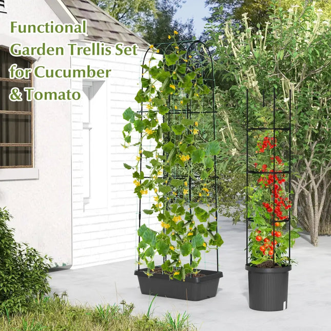 2 Pack Garden Planters with Trellis Cucumber Trellis Tomato Cage-Black - Black - Raised Garden Beds