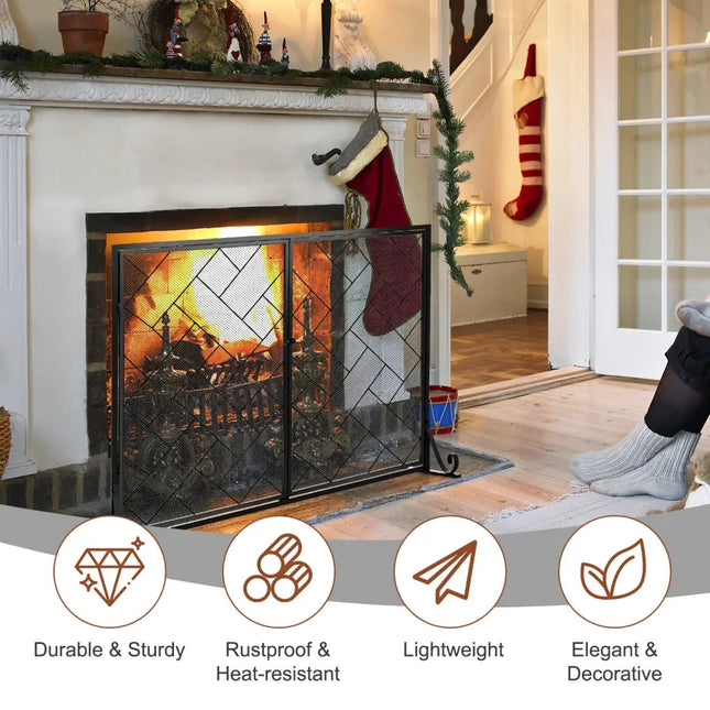 2-Panel Fireplace Screen Folding Metal Fire Place Safety Fence with Magnetic Doors-Black - Black - Fireplace Tools