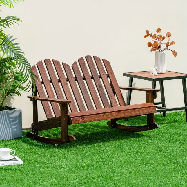 2 Person Adirondack Rocking Chair with Slatted seat-Brown - Brown - Patio Rocking Chairs & Gliders