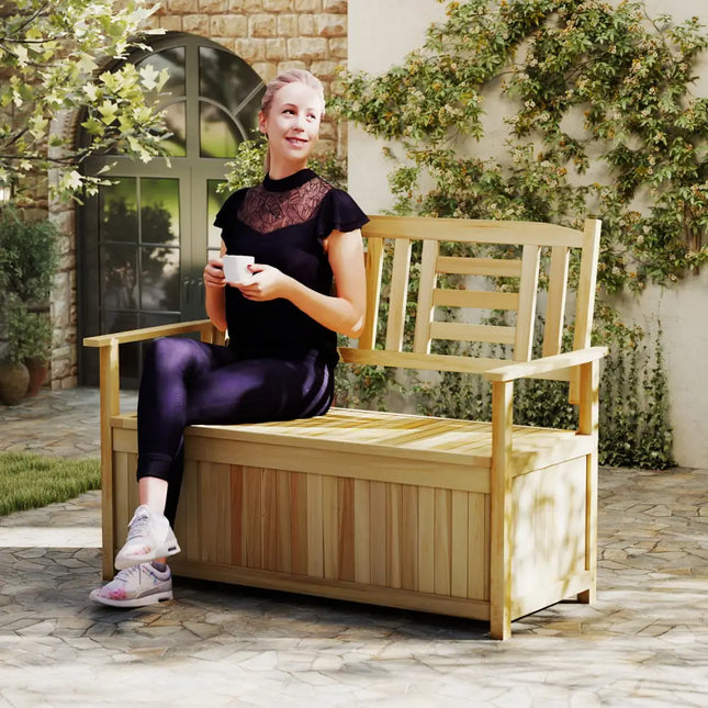 2-Person Garden Bench with 49 Gal Storage Bench and Backrest-Natural - Natural - Outdoor Benches