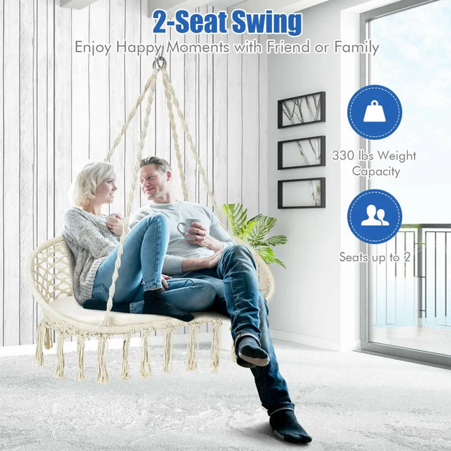 2 Person Hanging Hammock Chair with Cushion Macrame Swing-Beige - Beige - Hammocks
