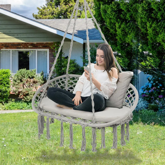 2 Person Hanging Hammock Chair with Cushion Macrame Swing-Gray - Gray - Hammocks