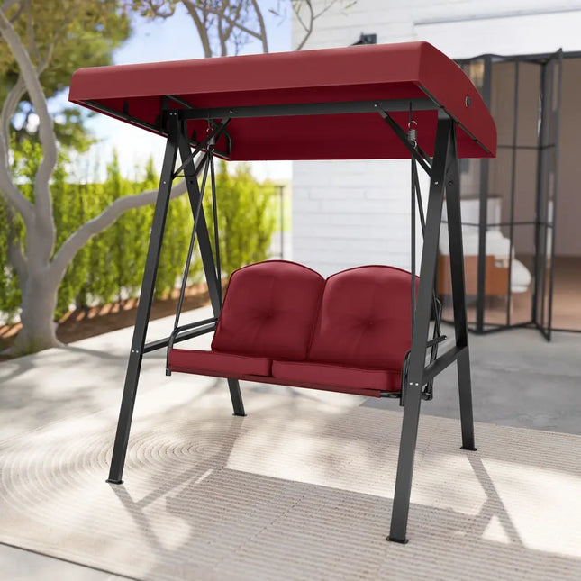 2-Person Outdoor Porch Swing with A-Shaped Metal Stand and Adjustable Canopy-Wine - Wine - Porch Swings