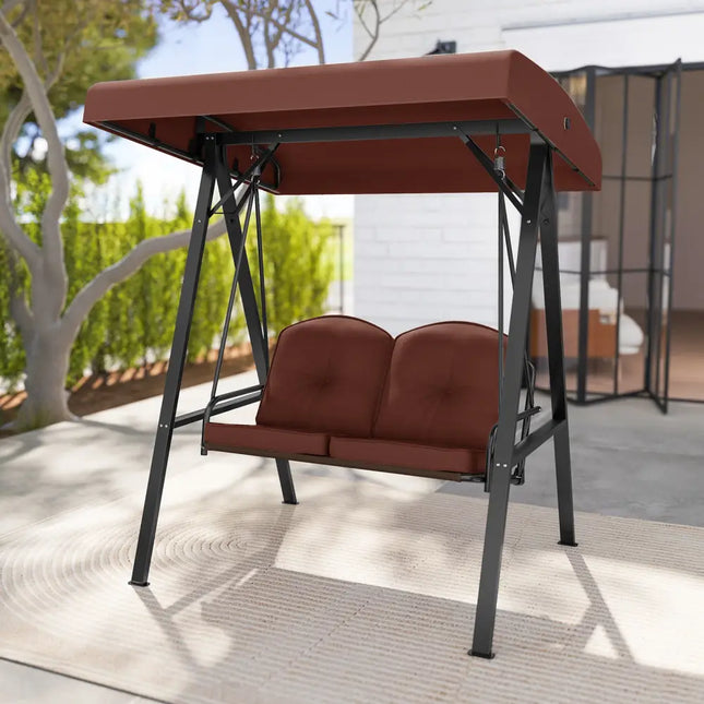 2-Person Outdoor Porch Swing with A-Shaped Metal Stand and Adjustable Canopy-Brown - Brown - Porch Swings