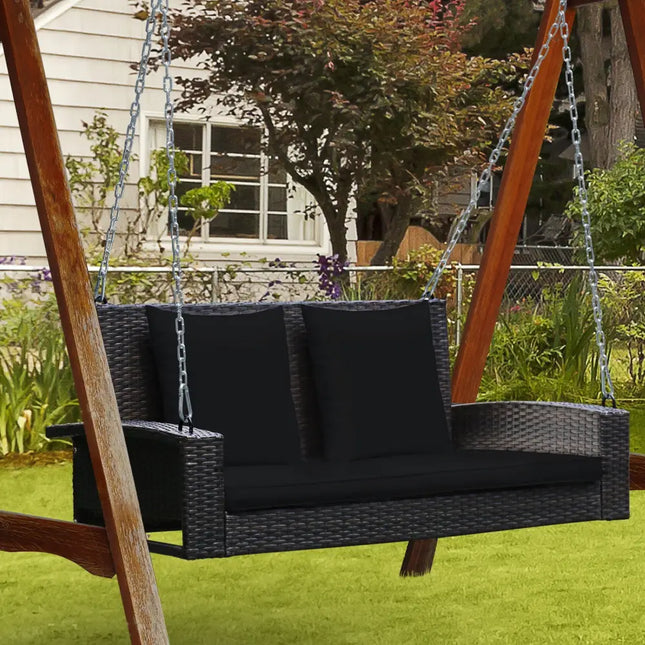 2-Person Patio Rattan Porch Swing with Cushions-Black - Black - Porch Swings