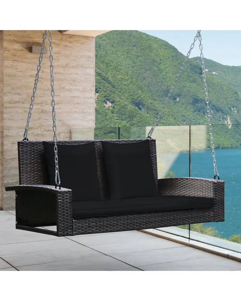 2-Person Patio Rattan Porch Swing with Cushions-Black - Black - Porch Swings