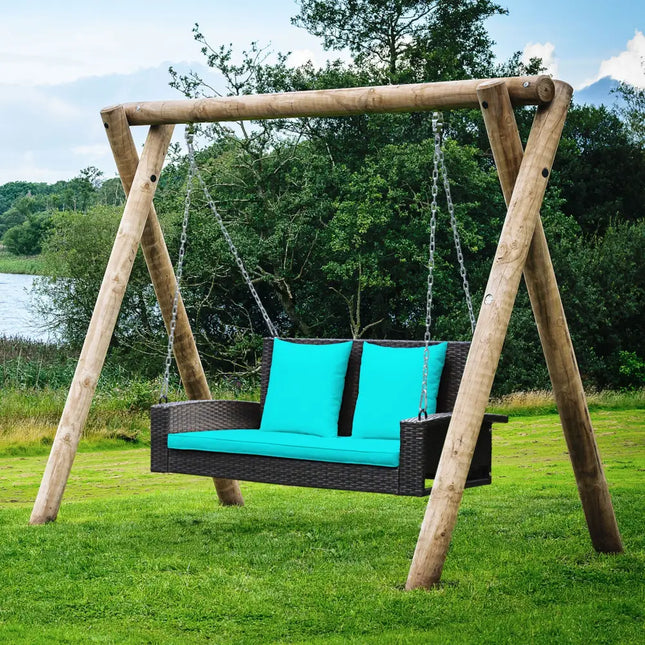 2-Person Patio Rattan Porch Swing with Cushions-Turquoise - Turquoise - Porch Swings