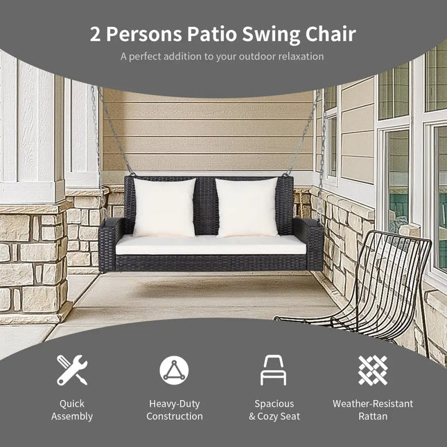2-Person Patio Rattan Porch Swing with Cushions-White - White - Porch Swings