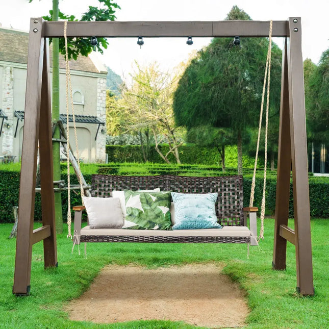 2-Person Rattan Hanging Porch Swing Chair-Off White - Off White - Porch Swings