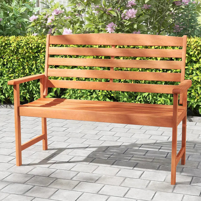 2-Person Wooden Garden Bench with Slatted Backrest and Comfortable Armrests - Natural - Outdoor Benches