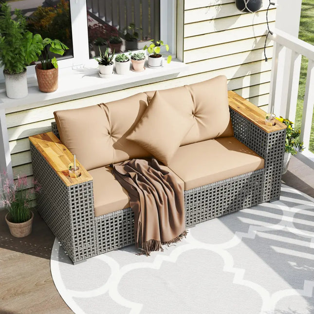 2-Piece Patio Corner Sofa Set with Thick Cushions-Beige - Beige - Outdoor Sectionals