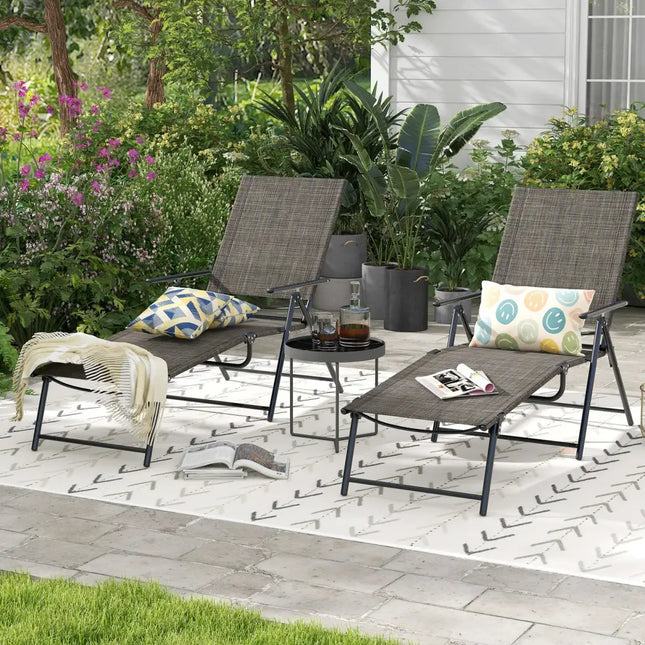 2 Piece Patio Folding Chaise Lounge Chairs Recliner with 6-Level Backrest-Coffee - Coffee - Outdoor Chaise Lounges
