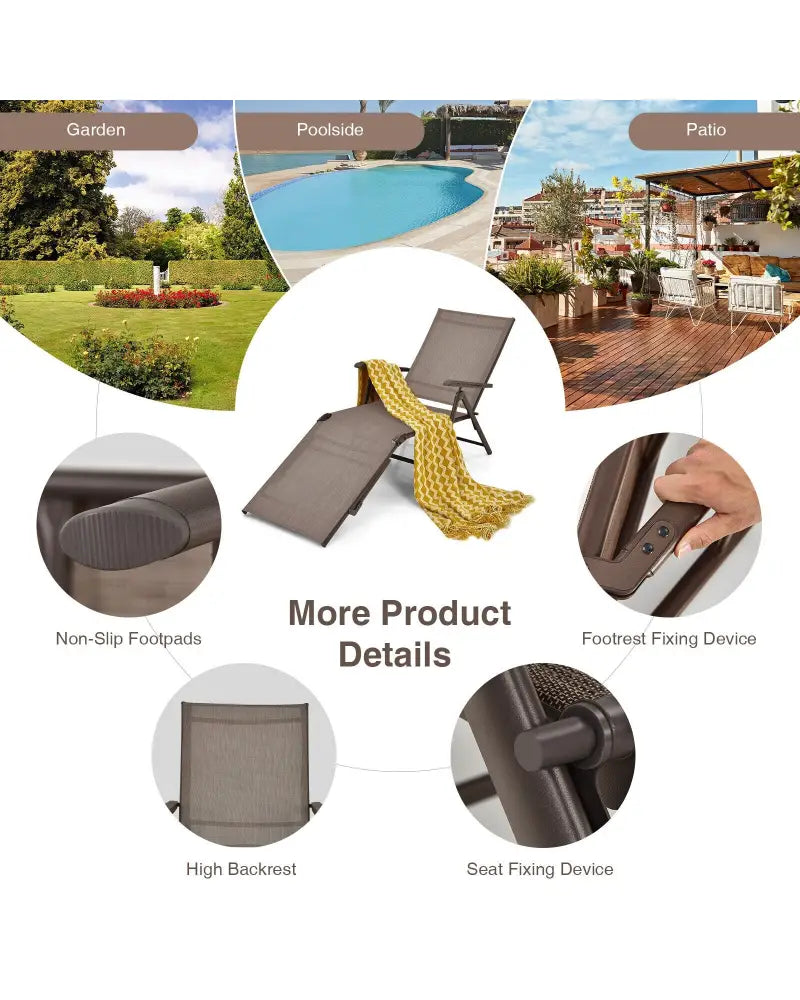 2 Pieces Foldable Chaise Lounge Chair with 2-Position Footrest-Brown - Brown - Outdoor Chaise Lounges