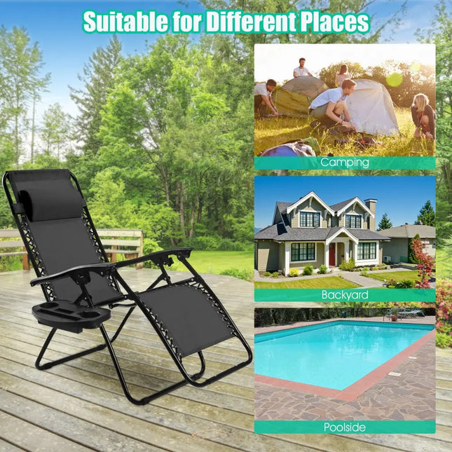 2 Pieces Folding Lounge Chair with Zero Gravity - Black - Black - Beach & Lawn Chairs