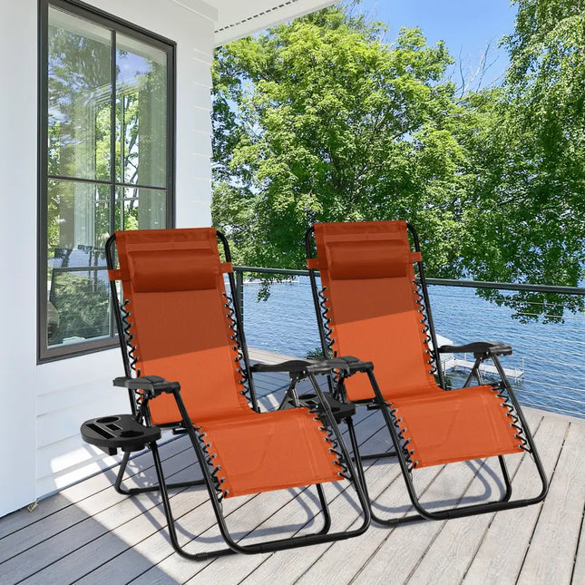 2 Pieces Folding Lounge Chair with Zero Gravity-Orange - Orange - Beach & Lawn Chairs