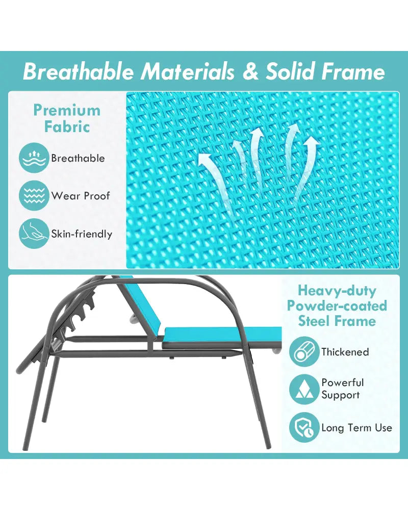 2 Pieces Outdoor Patio Lounge Chair Chaise Fabric with Adjustable Reclining Armrest-Turquoise - Turquoise - Outdoor