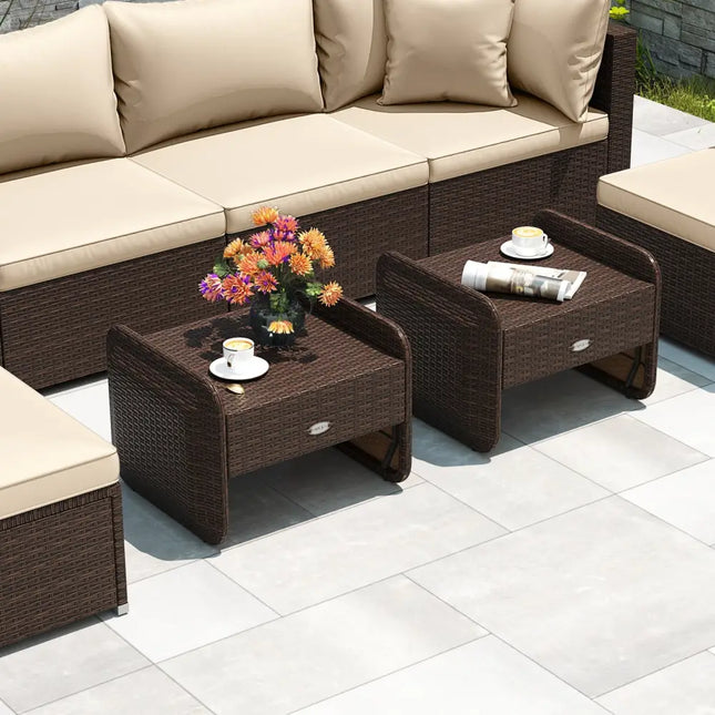 2 Pieces Outdoor Patio PE Wicker Ottomans with Removable Cushions-Brown - Brown - Outdoor Seating & Patio Chairs