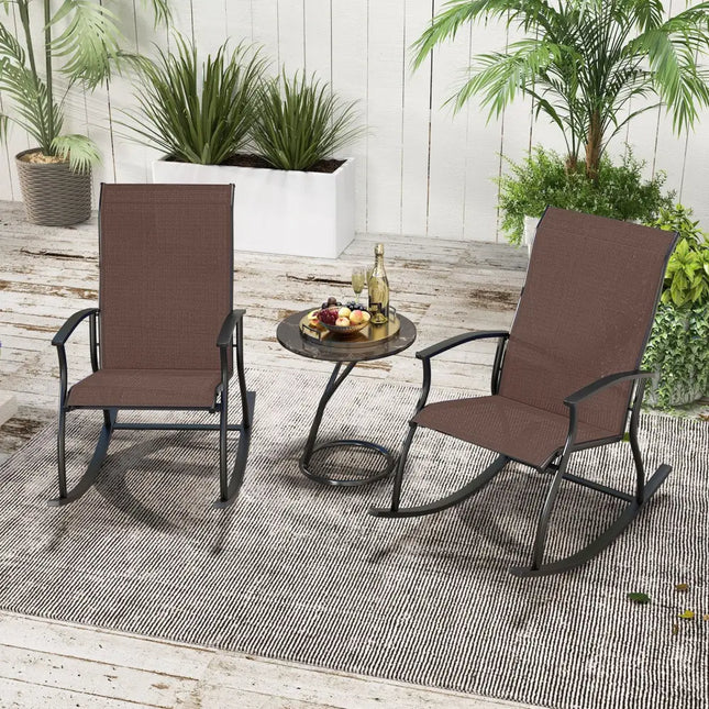 2 Pieces Outdoor Rocking Chairs with Breathable Backrest-Brown - Brown - Patio Rocking Chairs & Gliders