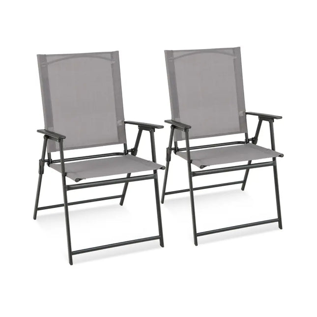 2 Pieces Patio Folding Chairs with Armrests for Deck Garden Yard-Gray - Gray - Patio Dining Chairs