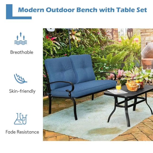 2 Pieces Patio Loveseat Bench Table Furniture Set with Cushioned Chair-Blue - Blue - Patio Conversation Sets