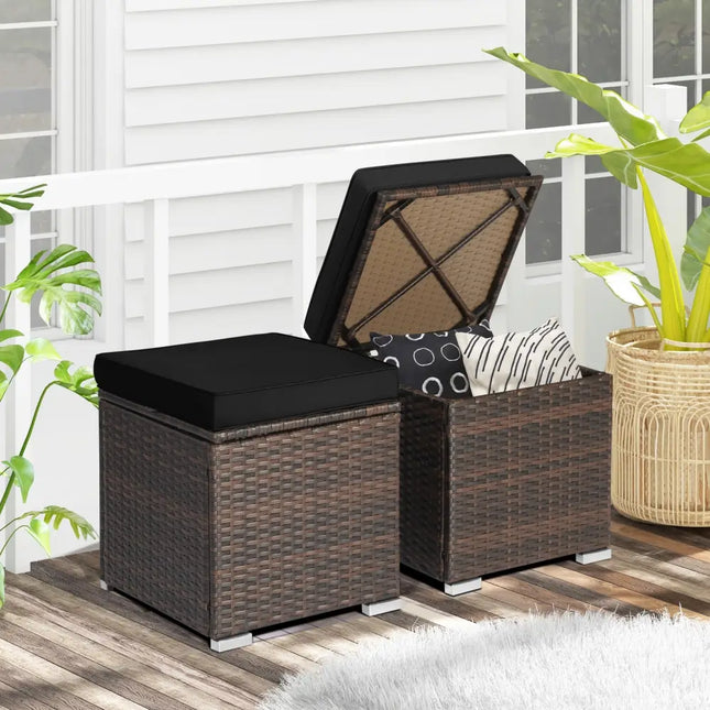 2 Pieces Patio Ottoman with Hidden Storage Space-Black - Black - Outdoor Seating & Patio Chairs