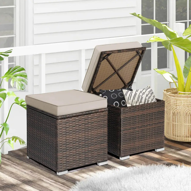2 Pieces Patio Ottoman with Removable Cushions-Brown - Brown - Outdoor Seating & Patio Chairs