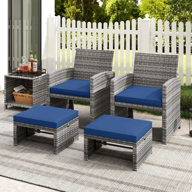 2 Pieces Patio PE Rattan Ottomans with Soft Zippered Cushions for Deck-Navy - Navy - Outdoor Seating & Patio Chairs