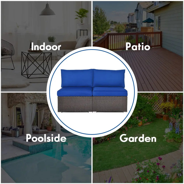 2 Pieces Patio Rattan Armless Sofa Set with 2 Cushions and 2 Pillows-Navy - Navy - Outdoor Sectionals