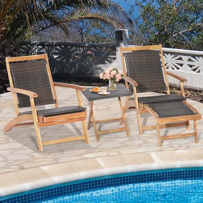 2 Pieces Patio Rattan Folding Lounge Chair with Acacia Wood Table - Brown - Outdoor Chaise Lounges