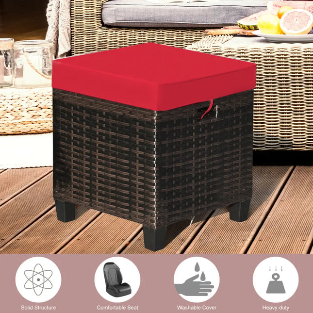2 Pieces Patio Rattan Ottoman Set with Removable Cushions-Red - Red - Outdoor Seating & Patio Chairs