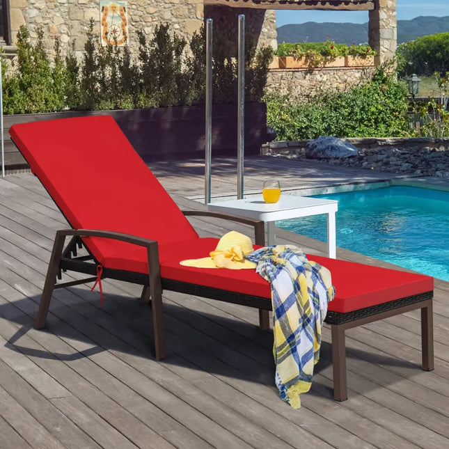 2 Pieces Patio Rattan Reclining Chaise Lounge Chair with Cushion and Armrest-Red & White - Red & White - Outdoor Chaise