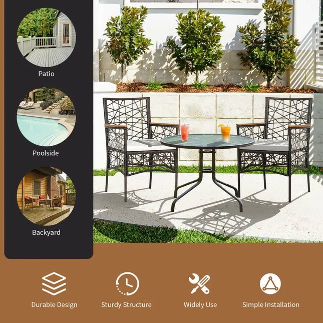 2 Pieces PE Wicker Patio Bistro Dining Chairs with Acacia Wood Armrests and Cushions - Espresso - Patio Dining Chairs