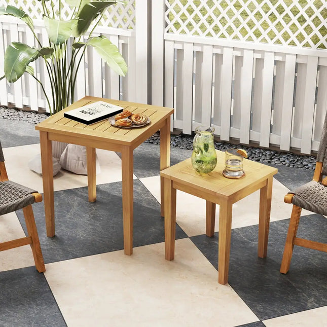 2 Pieces Space Saving Design Teak Wood Outdoor Patio Nesting Table - Natural - Patio Coffee Tables