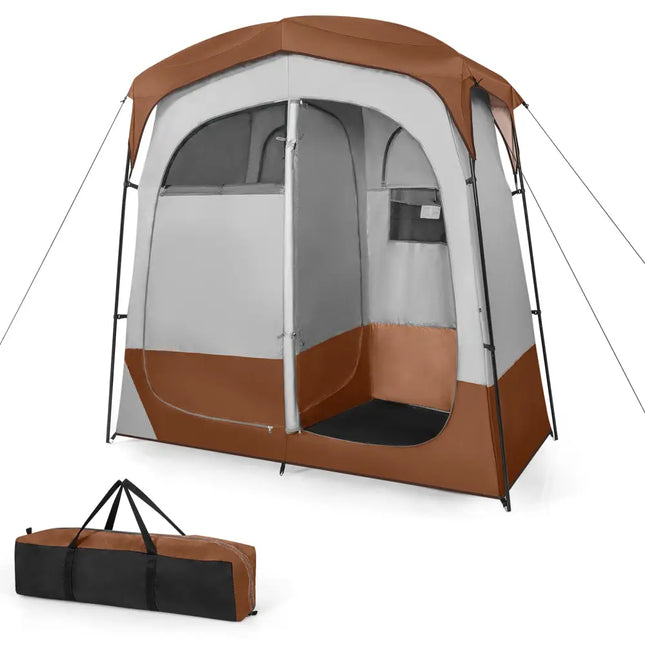 2 Rooms Oversize Privacy Shower Tent with Removable Rain Fly and Inside Pocket-Brown - Brown - Tents