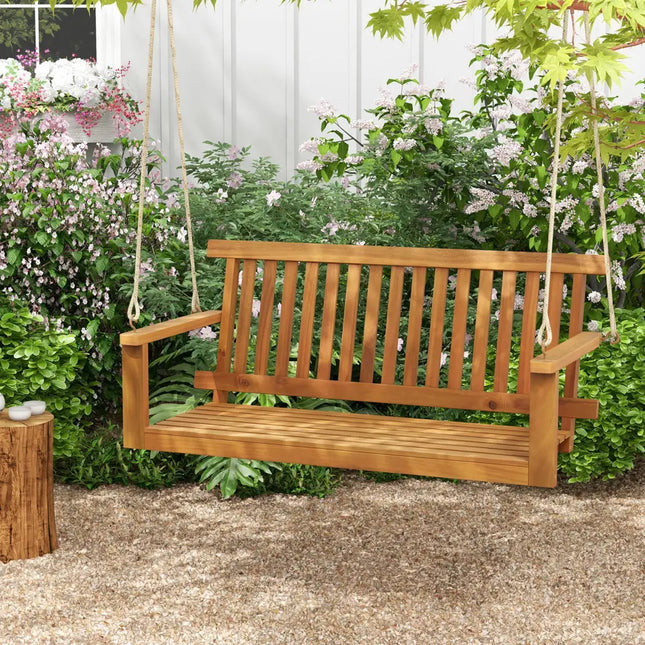 2-Seat Acacia Wood Porch Swing Bench with 2 Hanging Hemp Ropes - Natural - Porch Swings