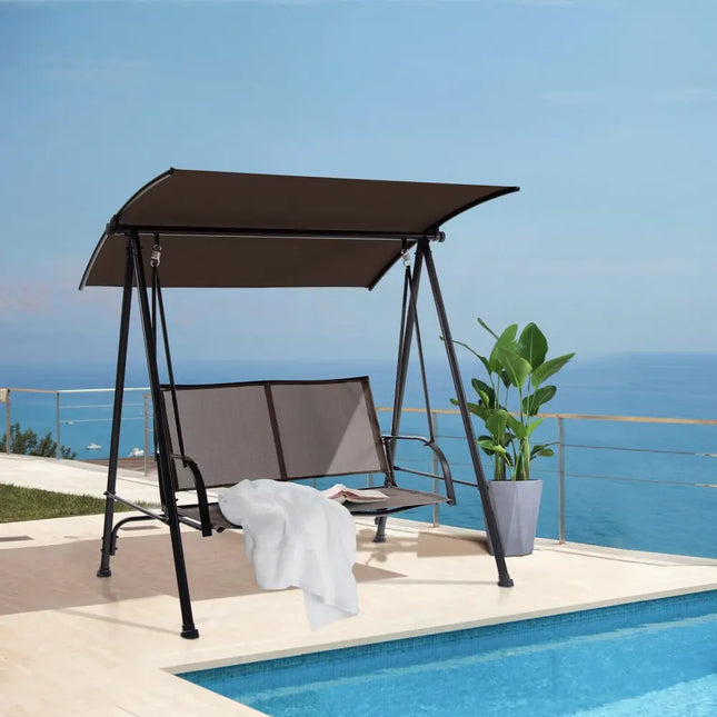 2-Seat Outdoor Canopy Swing with Comfortable Fabric Seat and Heavy-duty Metal Frame-Brown - Brown - Porch Swings