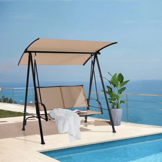 2-Seat Outdoor Canopy Swing with Comfortable Fabric Seat and Heavy-duty Metal Frame-Beige - Beige - Porch Swings