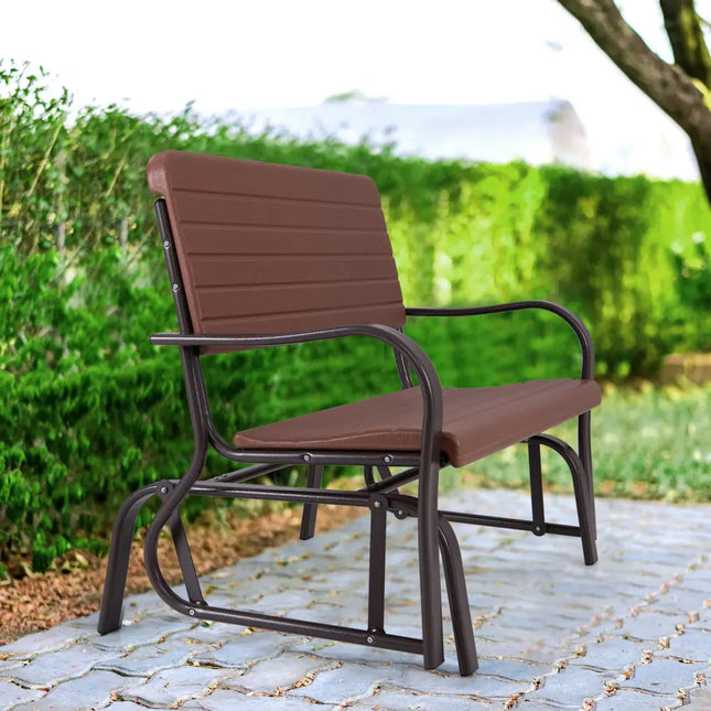 2-Seat Porch Glider with HDPE Back Seat and Steel Frame-Brown - Brown - Patio Rocking Chairs & Gliders
