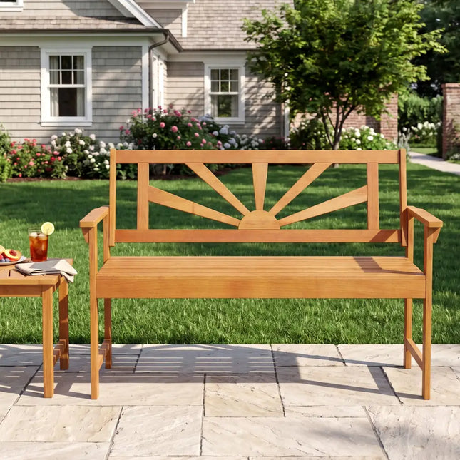 2-Seater Acacia Wood Loveseat Bench with Backrest and Armrests for Patio - Outdoor Benches