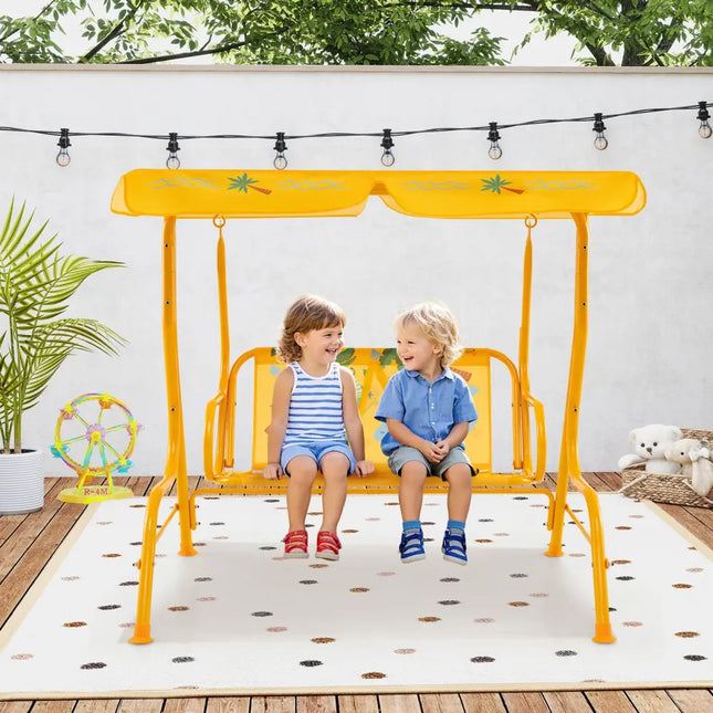 2-Seater Kids Patio Swing with Metal Stand and Adjustable Canopy-Yellow - Yellow - Swing & Playsets