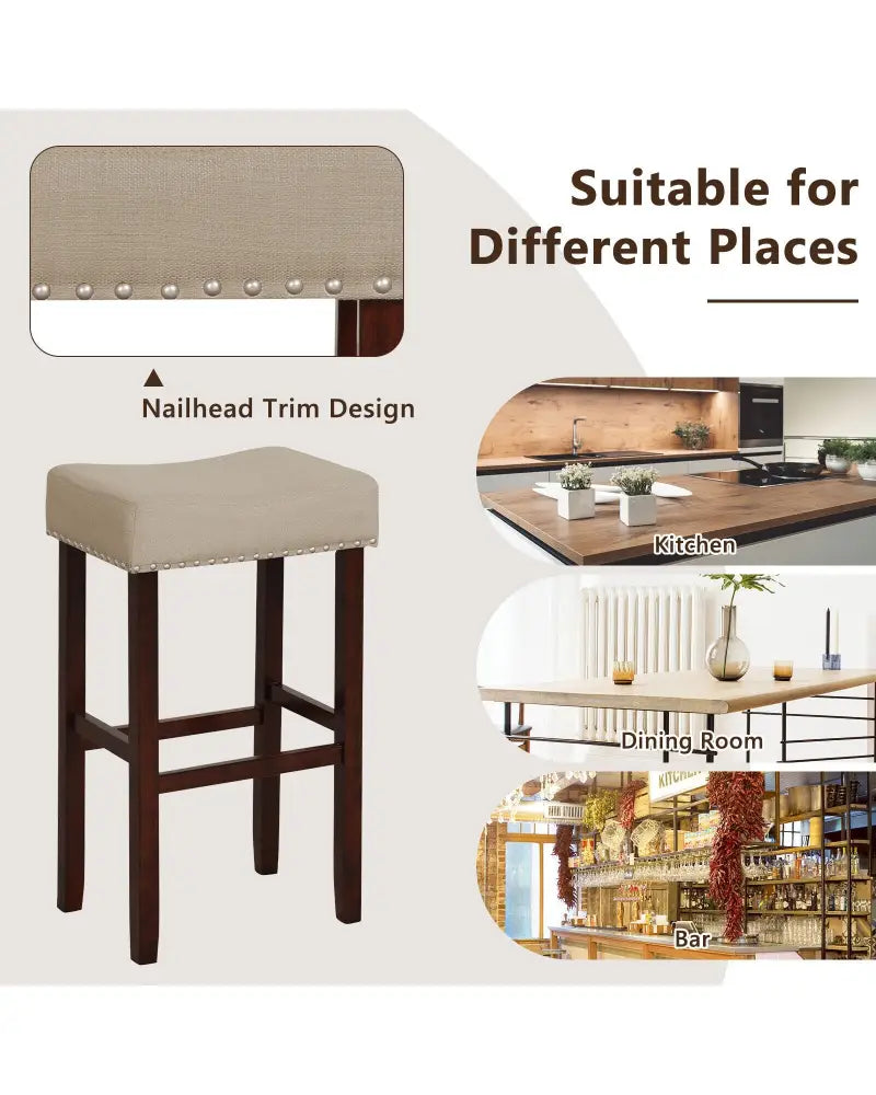 2 Set of 29 Inch Height Upholstered Bar Stool with Solid Rubber Wood Legs and Footrest-Beige - Beige - Bar Stools