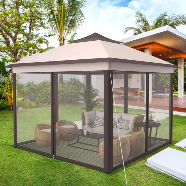 2-Tier 11 x 11 Feet Pop-Up Gazebo Tent Portable Canopy Shelter Carry Bag Mesh-Beige - Beige - Gazebos