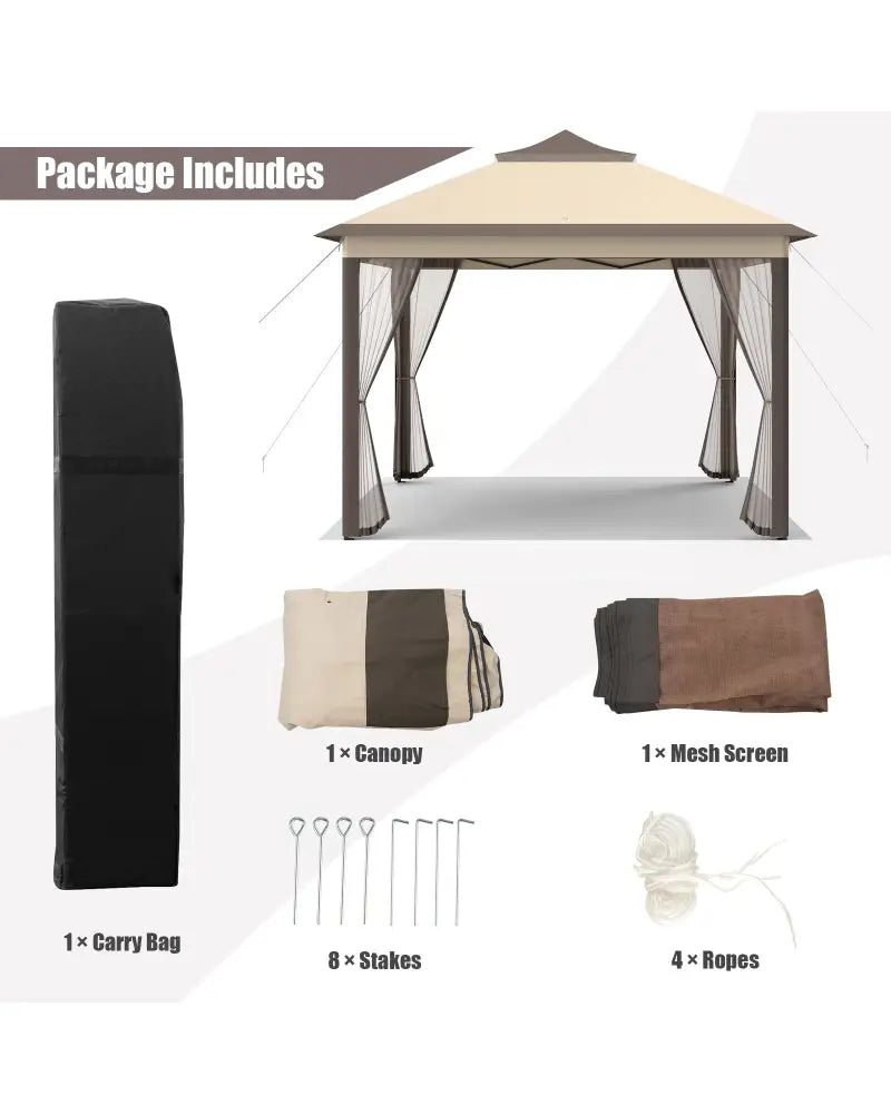 2-Tier 11 x 11 Feet Pop-Up Gazebo Tent Portable Canopy Shelter Carry Bag Mesh - Brown - Gazebos