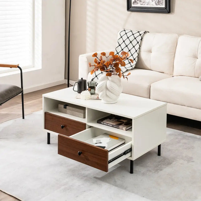2 Tier 40 Inch Length Modern Rectangle Coffee Table with Storage Shelf and Drawers-White Costway
